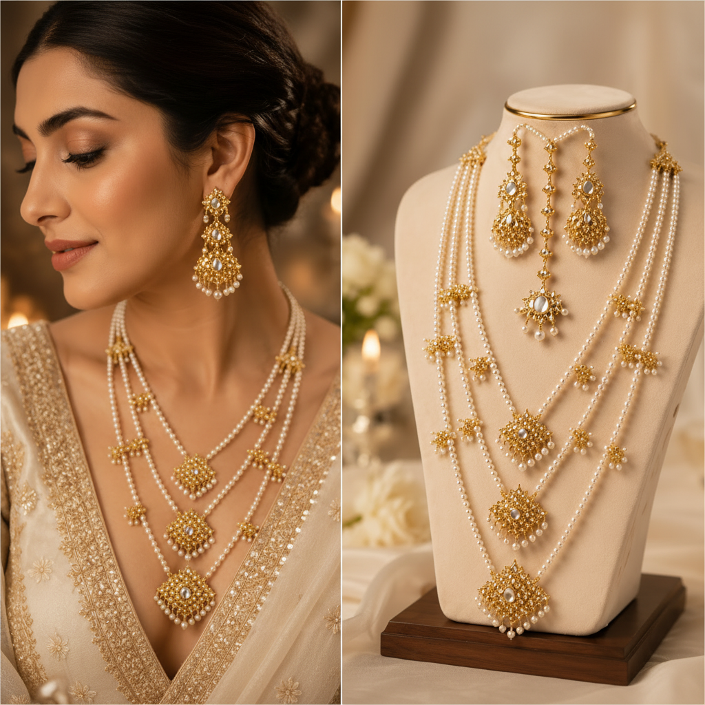 Luxury Real Kundan Multi-Layer Pearl Bridal Necklace Set with Matching Earrings