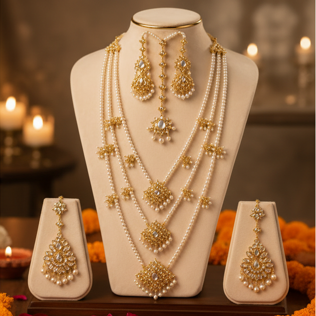 Luxury Real Kundan Multi-Layer Pearl Bridal Necklace Set with Matching Earrings