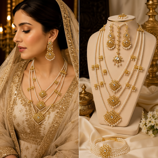 Luxury Real Kundan Multi-Layer Pearl Bridal Necklace Set with Matching Earrings