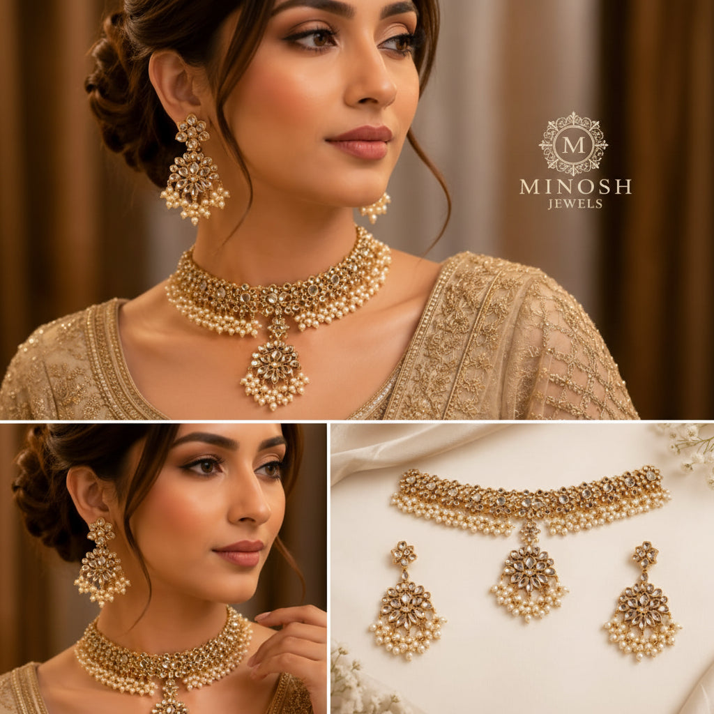 Luxury hand made Kundan bridal set with gold finish,choker necklace earing and pendant by Minosh Jewels