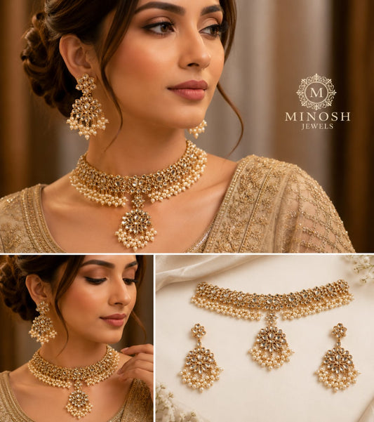Luxury hand made Kundan bridal set with gold finish,choker necklace earing and pendant by Minosh Jewels